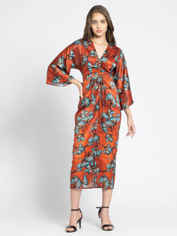 SHAYE - V-Neck Brown Floral Print Three-Quarter Sleeves Party Dress