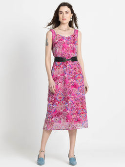 SHAYE - Sweetheart Neck Pink Floral Print Sleeveless Casual Dress with Belt (Set of 2)