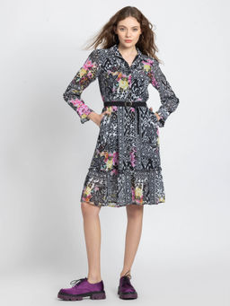 SHAYE - Collar Neck Black Floral Print Long Sleeves Casual Dress with Belt (Set of 2)