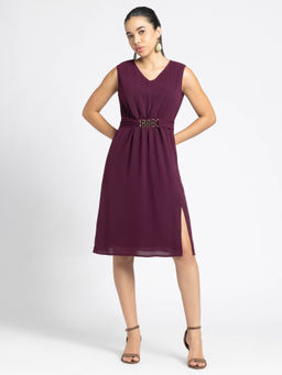 SHAYE - V-Neck Wine Solid Sleeveless Party Dress
