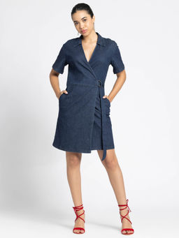 SHAYE - Collar Neck Blue Solid Short Sleeves Casual Dress