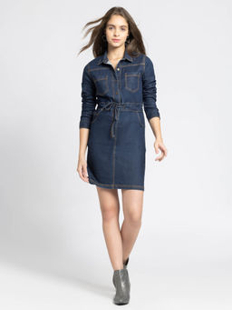 SHAYE - Collar Neck Blue Solid Long Sleeves Casual Dress