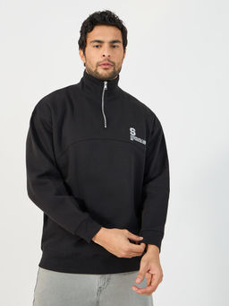 Styli - Men Black Quarter Zip High Neck Boxy Fit Heavy Sweatshirt