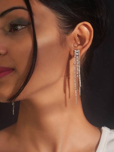 Fancy American Diamonds Silver Plated Long Chain Earrings