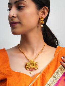 Niscka - Gold Plated Brass Temple Jewellery Set with Earring Studded with Red Stones
