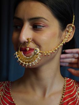 Niscka - Pink Bead & Pearl 18K Gold Plated Traditional Bridal Nath with Chain