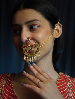 Niscka - Traditional White Meenakari 24K Gold Plated Bridal Vivah Nath with Chain