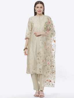 Biba - Beige Cotton Silkchanderi Unstitched Suit Set (Set of 3)