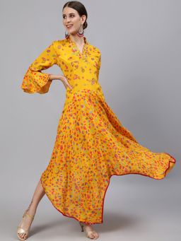 ISHIN - Mustard Floral Asymmetric Dress