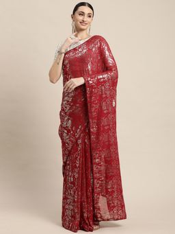 VAIRAGEE - Red Abstract Sequined Saree with Unstitched Blouse