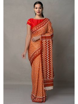 Unnati Silks - Rust Pure Block Printed Cotton Saree with Unstitched Blouse