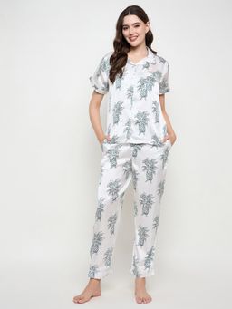 Clovia - White Satin Printed Shirt and Pyjama (Set of 2)