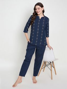 Clovia - Navy Blue Cotton Printed Top and Pyjama (Set of 2)