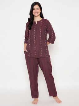 Clovia - Maroon Printed Top and Pyjama (Set of 2)
