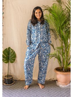 House of Ekam - Blue Phool Loungewear Shirt and Pyjama (Set of 2)