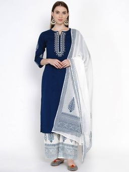 Yufta - Navy Blue Embroidered Kurta And Palazzo With Dupatta (Set of 3)