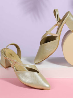 Mochi - Women Gold Block Heels