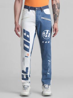 Jack & Jones - White & Blue Colorblocked Tim Slim Fit Low Rise Non Stretch Jeans