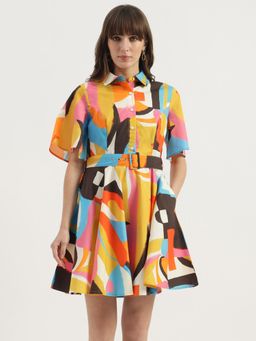 United Colors of Benetton - Multi-Color Abstract A-Line Dress with Belt