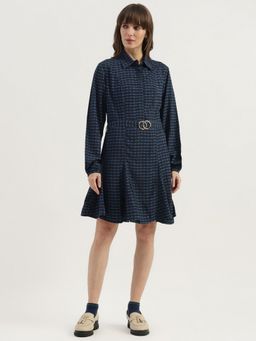 United Colors of Benetton - Blue Printed A-Line Dress with Belt