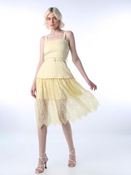 ONLY - Yellow Solid Flared Dress with Belt