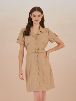 Latin Quarters - Beige Solid Regular Dress with Belt