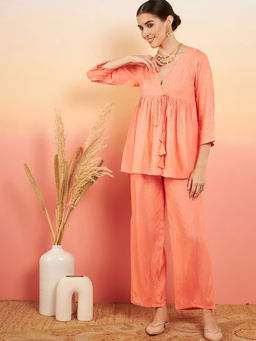 InWeave - Creamy Peach Lurex V-Neck Front Tie Up Kurta With Pant (Set of 2)