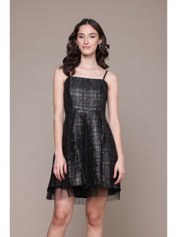 Label Ritu Kumar - Black Quinn Jacquard Skater Dress with Camisole (Set of 2)