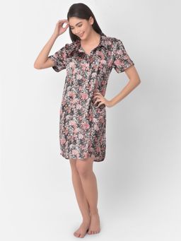 Clovia - Print Me Pretty Button Me Up Short Night Dress In Black- Satin
