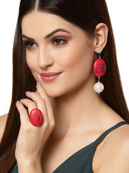 Dugran By Dugristyle - Red and Black Drop Earring with Pearls & Natural Stones