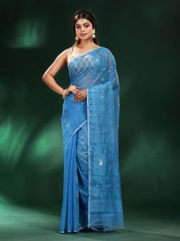 CHARUKRITI - Blue Silk Cotton Soft Handwoven Jamdani Saree without Blouse