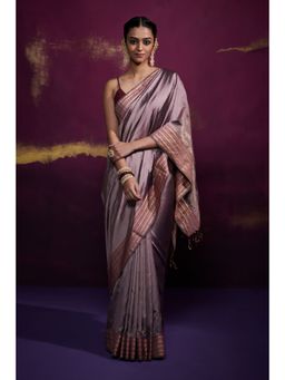 Dressfolk - Mauve Silk Satin Saree with Wide Metallic Border without Blouse