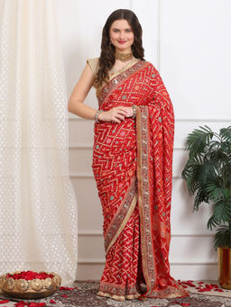 Dress & Dazzle - Royal Red Khaddi Georgette Bandhej Saree with Unstitched Blouse