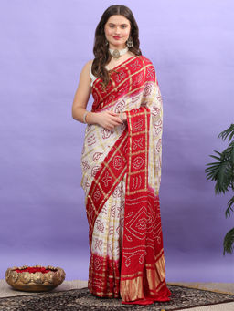 Dress & Dazzle - White And Red Gharchola Saree with Unstitched Blouse