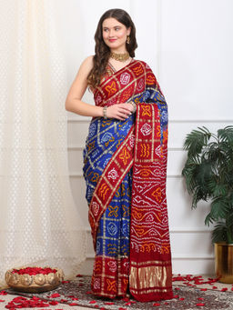 Dress & Dazzle - Red And Blue Gharchola Saree with Unstitched Blouse