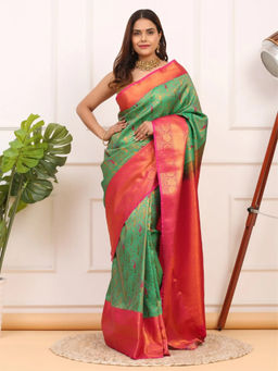 Dress & Dazzle - Green And Pink Kanjivaram Silk Saree with Unstitched Blouse