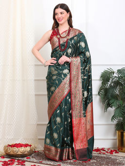 Dress & Dazzle - Bottle Green Katan Silk Saree with Unstitched Blouse