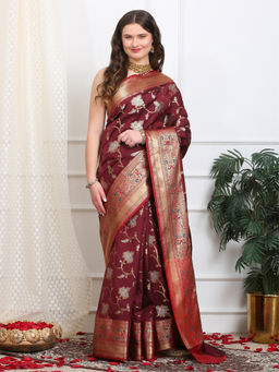 Dress & Dazzle - Brown Katan Silk Saree with Unstitched Blouse