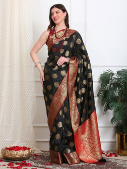Dress & Dazzle - Black Katan Silk Saree with Unstitched Blouse
