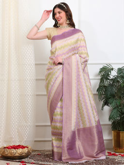 Dress & Dazzle - Ivory And Lavender Leheriya Georgette Saree with Unstitched Blouse