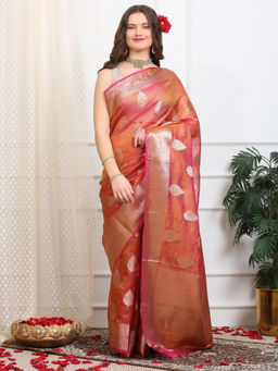 Dress & Dazzle - Brown Pink Crush Tissue Saree with Unstitched Blouse