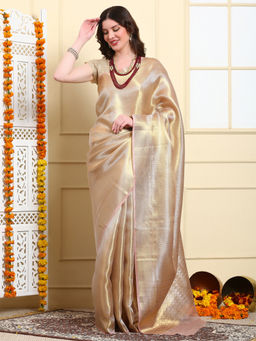 Dress & Dazzle - Gold Tissue Organza Saree with Unstitched Blouse