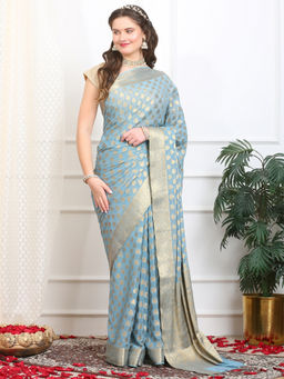 Dress & Dazzle - Icy Blue Georgette Saree with Unstitched Blouse