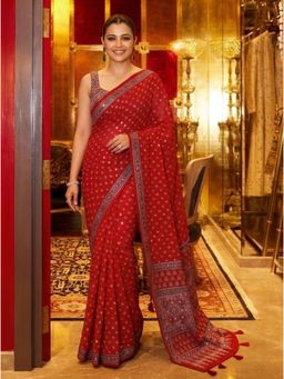 Nyri - Printed Mirrorwork Modal Silk Saree - Red