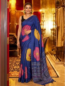 Nyri - Printed Mirrorwork Modal Silk Saree - Navy Blue