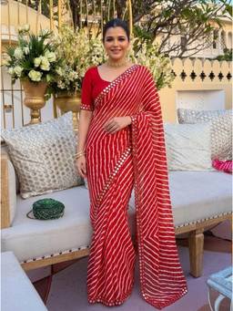 Nyri - Printed Lehriya Georgette Saree - Red