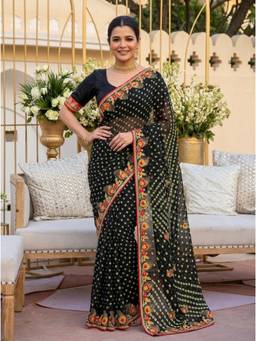 Nyri - Embroidered Bandhani Georgette Saree - Black