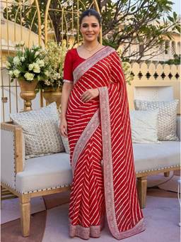 Nyri - Printed Lehriya Georgette Saree - Red