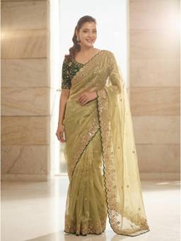 Nyri - Embellished Embroidered Sequinned Satin Saree - Green