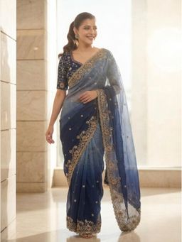 Nyri - Embellished Embroidered Sequinned Satin Saree - Blue